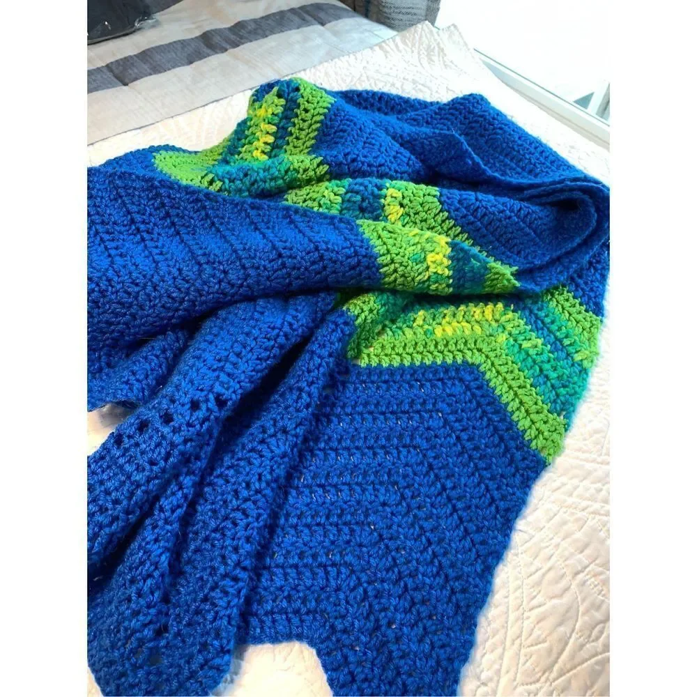 Hand knit 60 x 34“ blanket blue green colors ￼